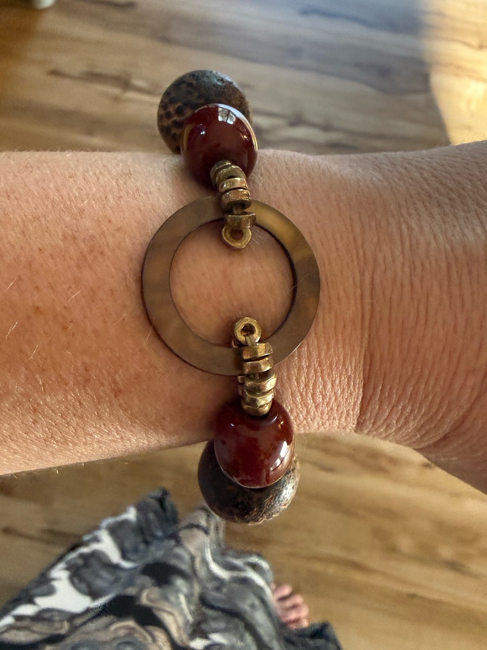 Vintage Boho Wood & Carnelian Bead Bracelet, Chunky Statement Style